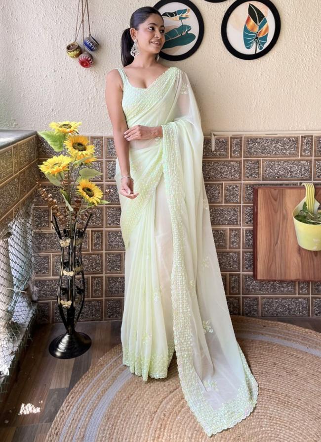 Soft Georgette Light Green Daily Wear Sequins Work Saree